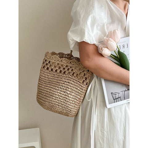 Raffia Shoulder Straw Bag Hollow Out Cutout Lace Straw Bag Vacation Beach Bag