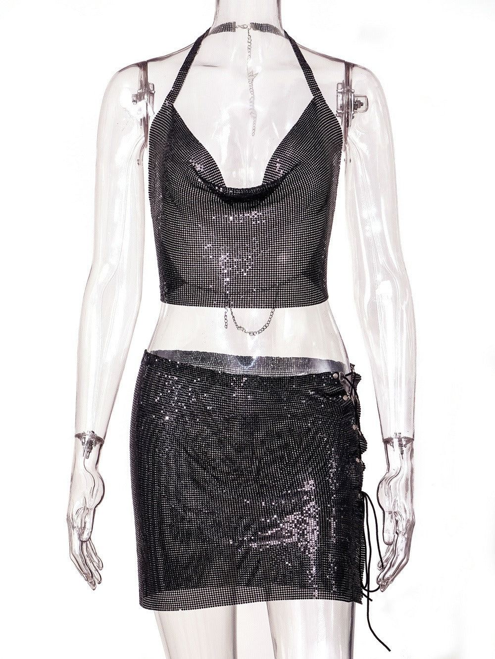 Metallic Sequined Suspender Skirt Set