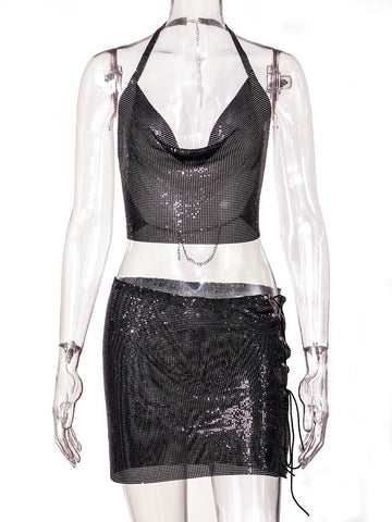Metallic Sequined Suspender Skirt Set