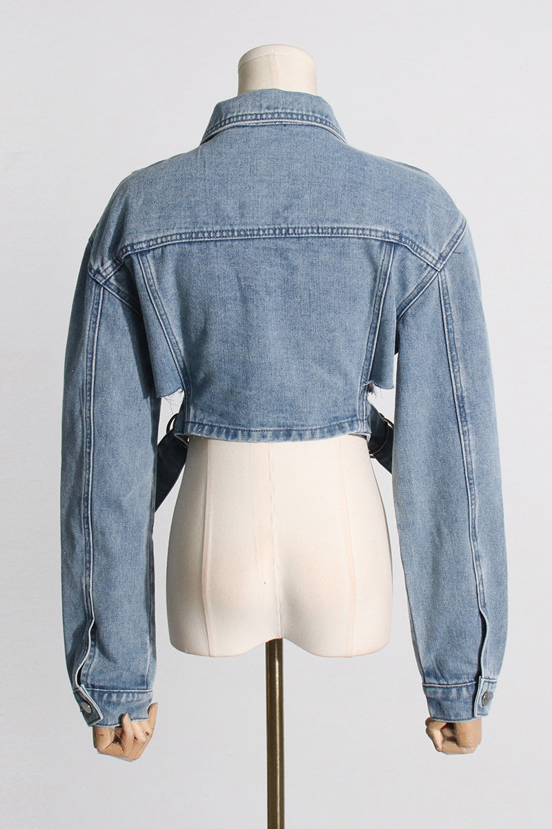 Open Shoulder Irregular Style Crop Denim Coat