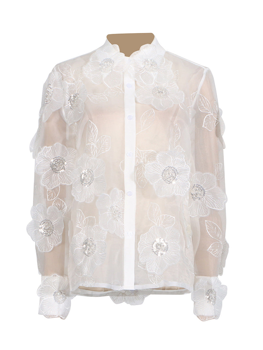 3D FLOWERS SEQUINED ORGANZA BLOUSE