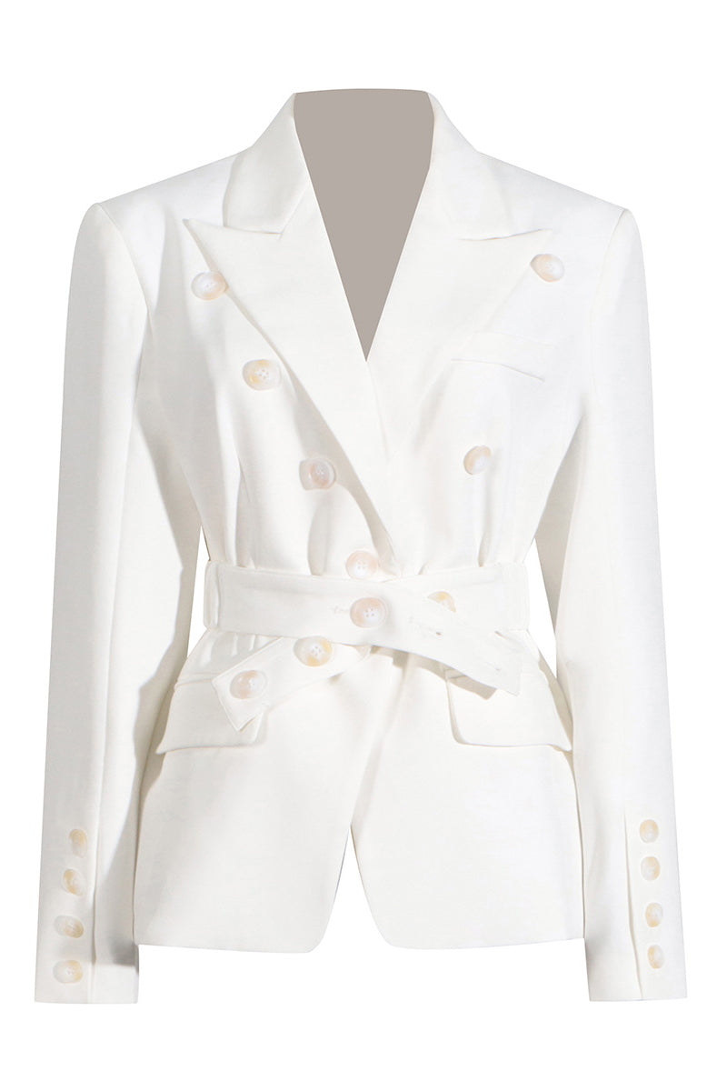 Belted Breast Blazer In White