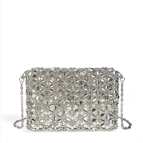 Petit sac carré en perles tissées à la main argentées brillantes avec perles de cocktail creuses à bandoulière 
