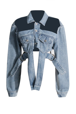 Open Shoulder Irregular Style Crop Denim Coat