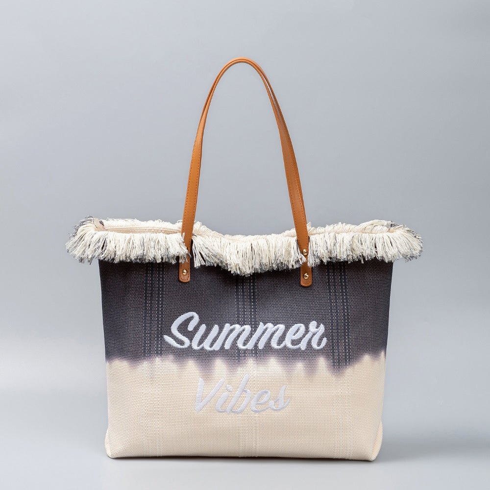 Embroidered Tote Bag Tassel Canvas Bag Magnetic Snap Office Bag Underarm Bag Beach Shoulder Bag Summer