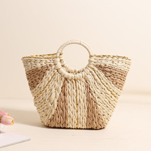 Golden Silk Thread Portable Straw Weaved Bag Large Capacity Tote Vegetable Basket Bag Vacation Beach Bag Hand Carrying Woven Bag