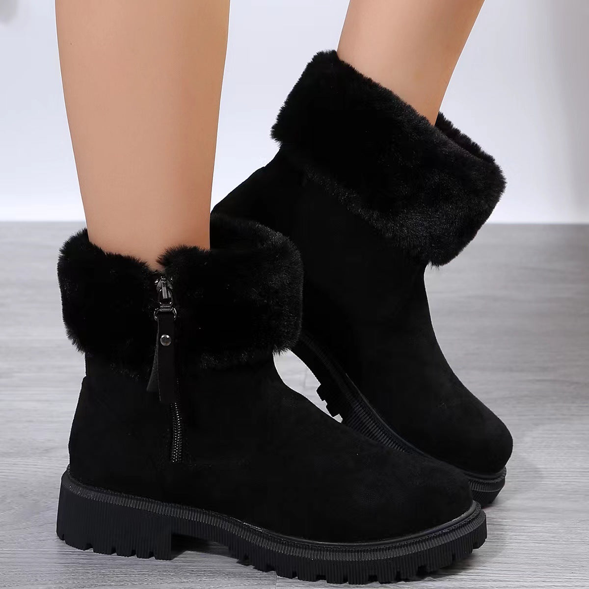 Mid Calf Length Snow Boots Fur Mouth Side Zipper Low Heel Cotton Padded Shoes