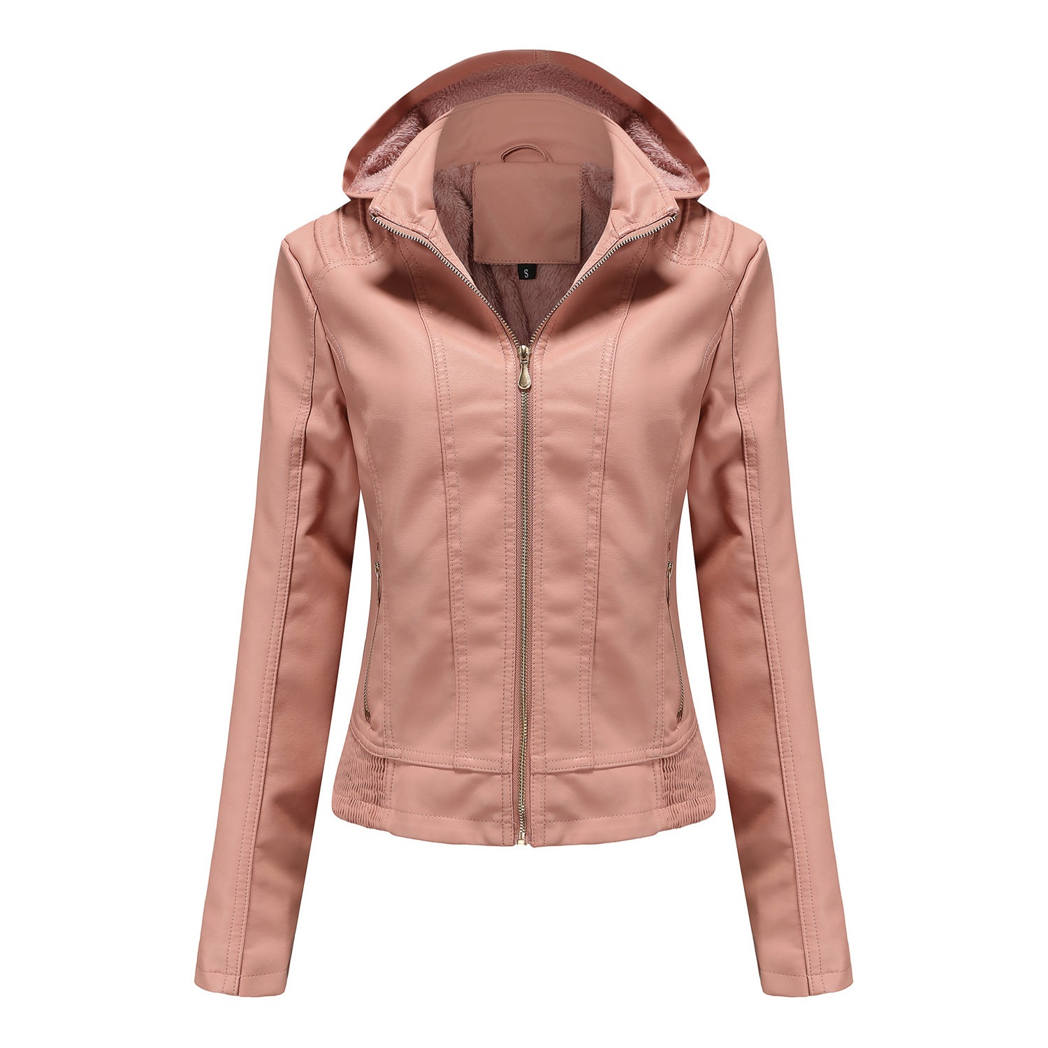 Manteau en cuir à capuche d'automne pour femme, chapeau amovible, manches longues, fermeture éclair, veste en cuir doublée en polaire, manteau slim