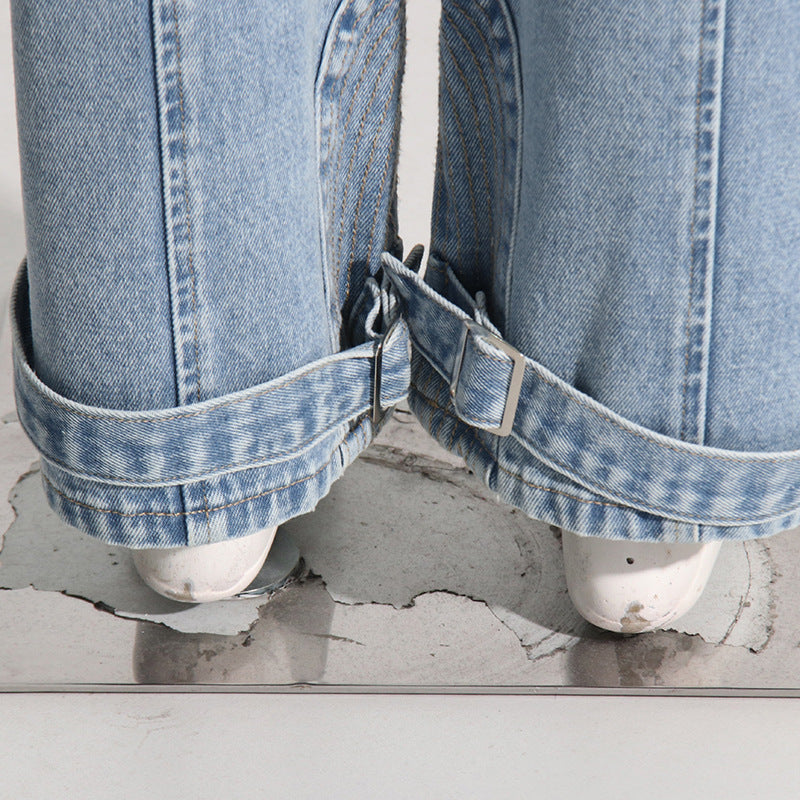 Blue Cut Out Wide Leg Jeans with Buckle