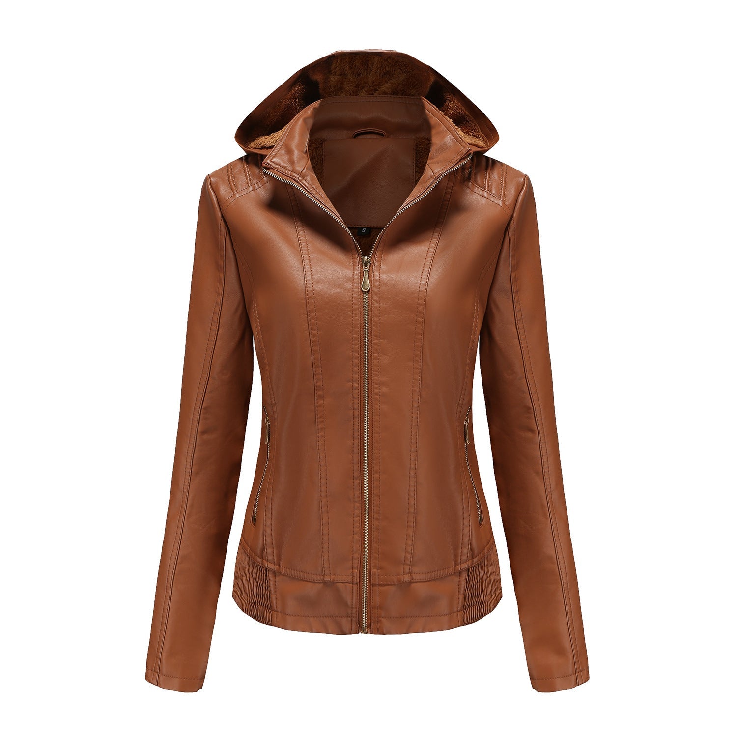 Manteau en cuir à capuche d'automne pour femme, chapeau amovible, manches longues, fermeture éclair, veste en cuir doublée en polaire, manteau slim