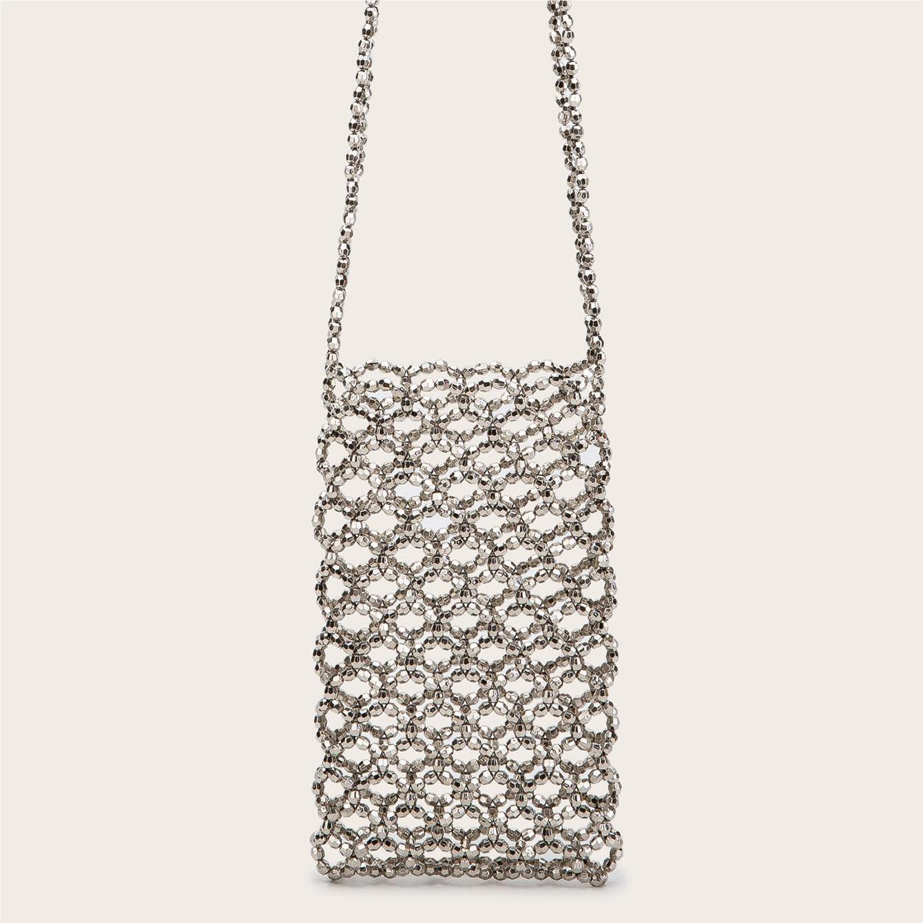 Silver Electroplated Acrylic Hand Woven Beads Hollow Out Cutout Bag Trend Phone Crossbody Bag