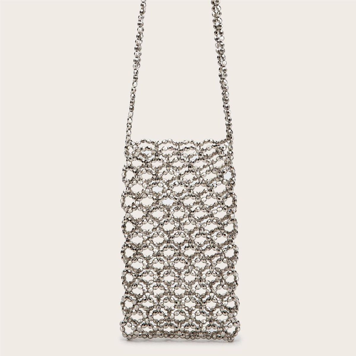 Silver Electroplated Acrylic Hand Woven Beads Hollow Out Cutout Bag Trend Phone Crossbody Bag