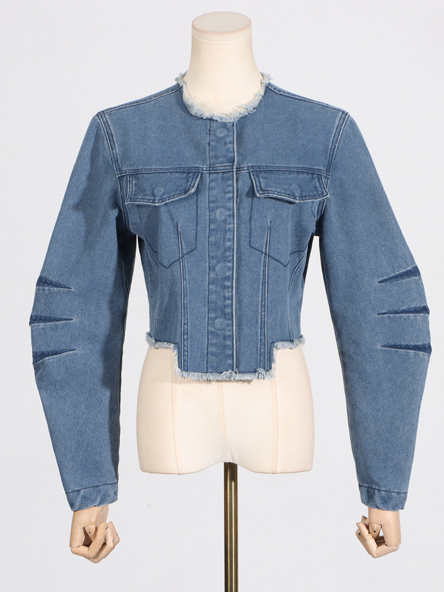 BLUE ROUND SLEEVE CROPPED JACKET