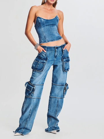 Patchwork-Overall mit hoher Taille und lockerer Jeans