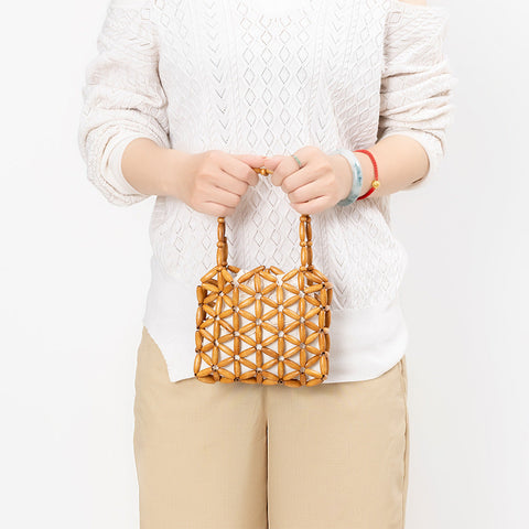 Hand Woven Wooden Bead Special Interest Design Office Hand Carrying Bag Women