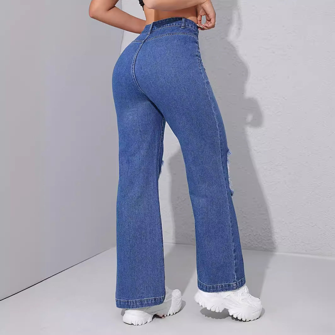 Zerrissene Jeans mit hoher Taille, schlankmachende gerade Fronttasche, kleine Hose mit geradem Bein