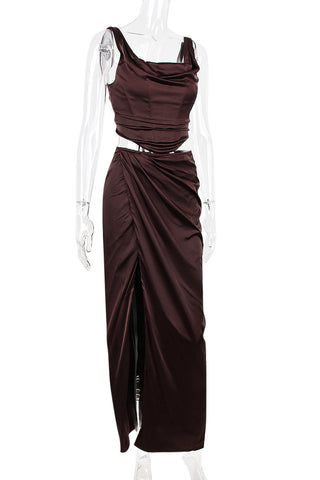 Vintage Printed Draped Corset Top Split Two Piece Maxi Dress - Brown