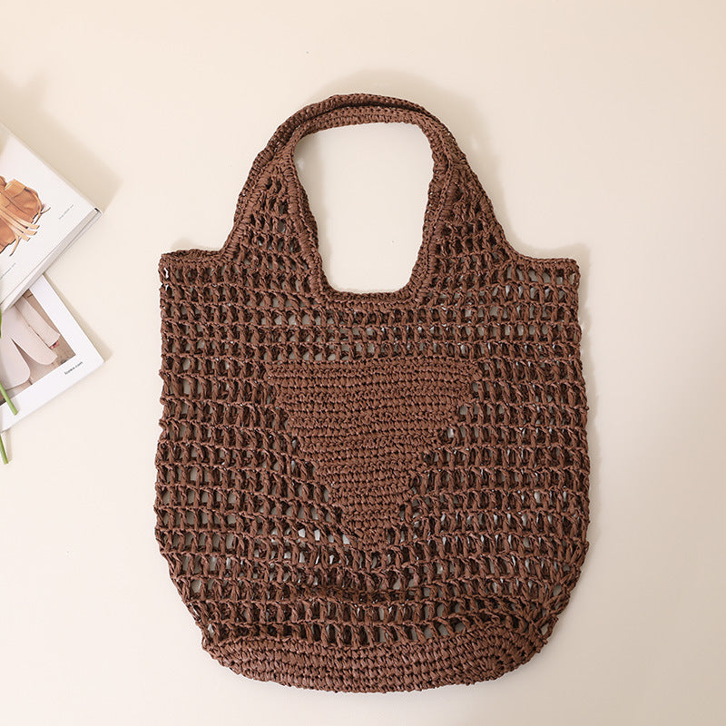 Large Capacity Hollow Out Cutout Straw Bag Fresh Candy Color One Shoulder Tote Portable Beach Bag