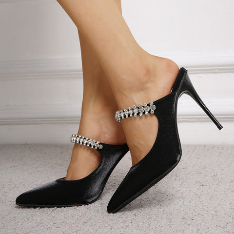 French Rhinestone Pointed Toe Mary Jane Shoes One Strap Heel Shoes