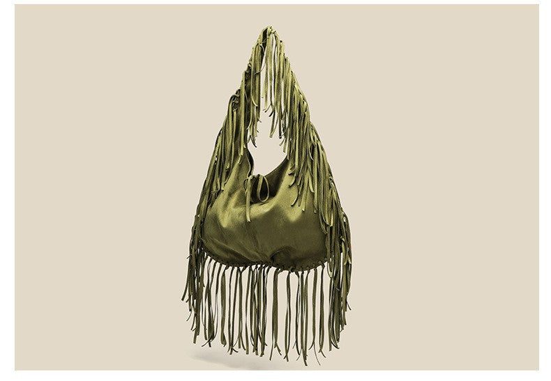 Tassel Large Capacity Tote Crescent Trendy One Shoulder Casual Simple Crossbody Suede Retro Dumpling Bag