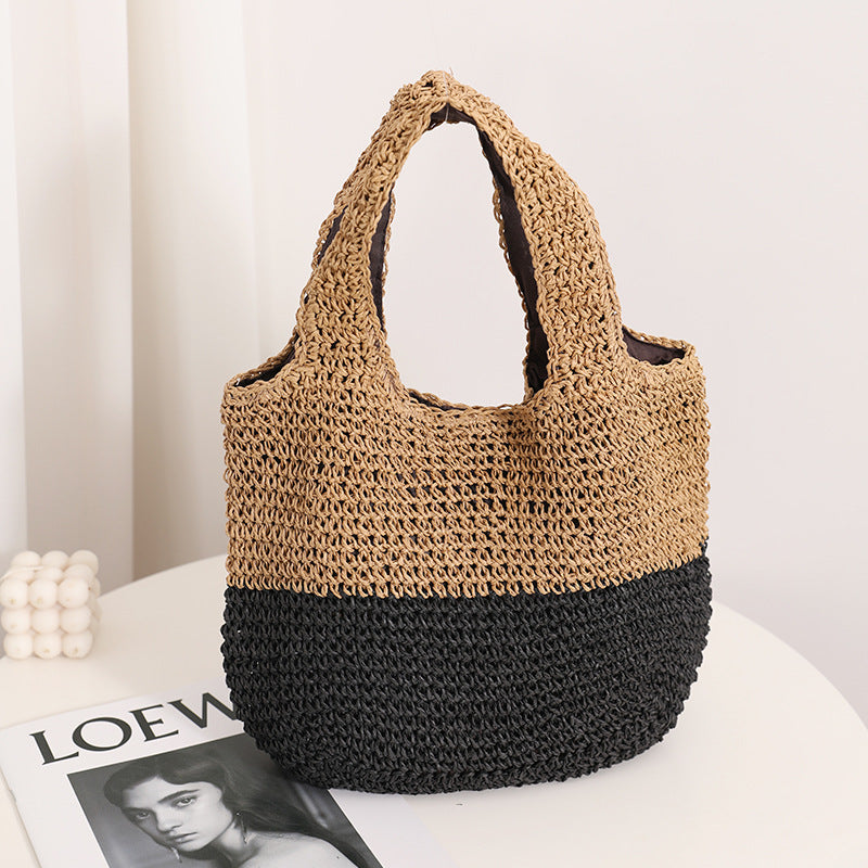 Color Matching Casual Portable Straw Weaved Bag Special Interest Design Contrast Color Wrist Bag Seaside Vacation Beach Bag