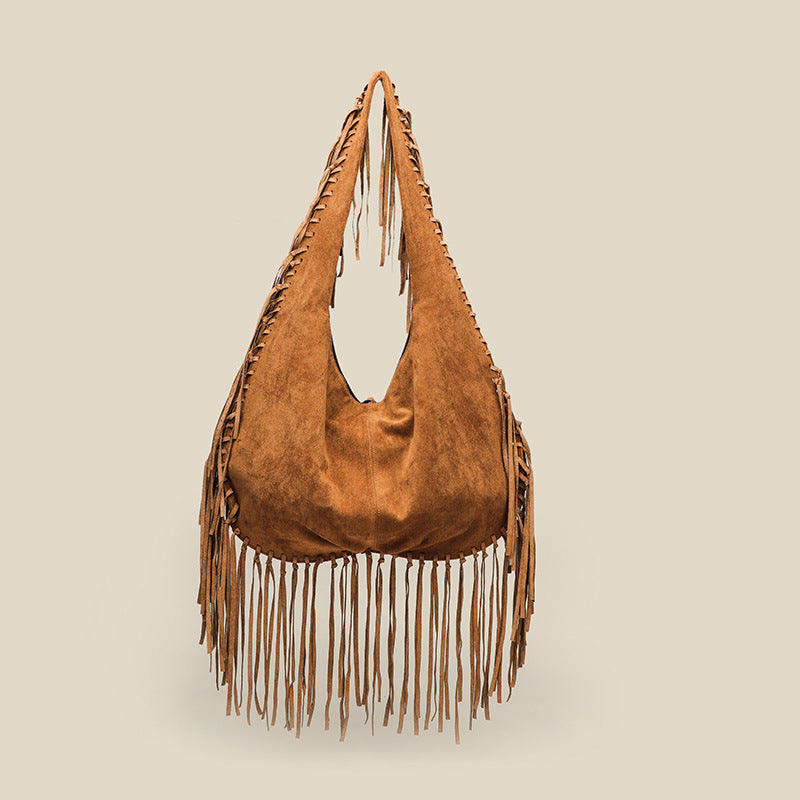 Tassel Large Capacity Tote Crescent Trendy One Shoulder Casual Simple Crossbody Suede Retro Dumpling Bag