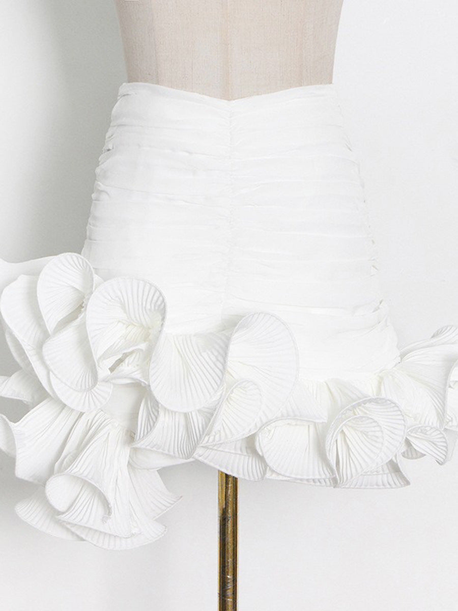 High waist pleated asymmetric hem ruffle skirt