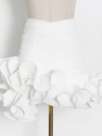 High waist pleated asymmetric hem ruffle skirt