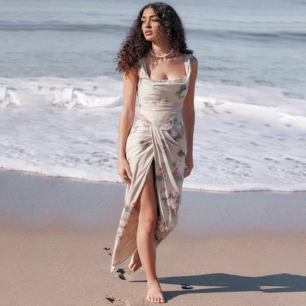 Vintage Printed Draped Corset Top Split Two Piece Maxi Dress