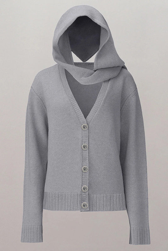 V-neck button scarf-style single hood long-sleeved knitted sweater