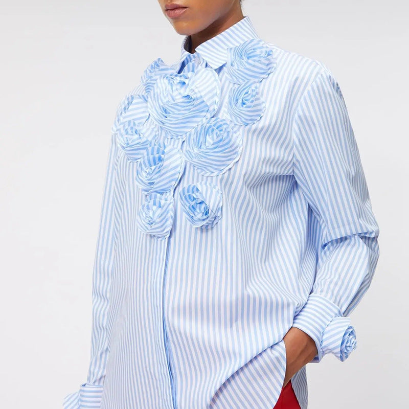 ROMANTIC ROSETTE APPLIQUE COLLARED BUTTON UP LONG SLEEVE CREPE COTTON SHIRT - BLUE