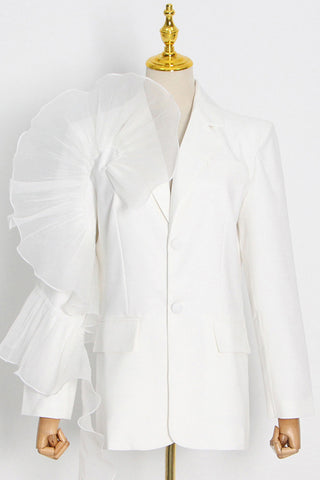 Sheer Mesh Ruffled Irregular Loose Fit Trench Coat - White