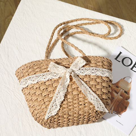 Straw Bag Lace Bow Fairy Seaside Vacation Beach Bag