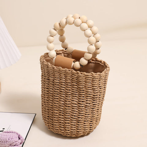 Cute Beaded Portable Straw Weaved Bag Bucket Hand Carrying Straw Bag Vacation Beach Bag Women
