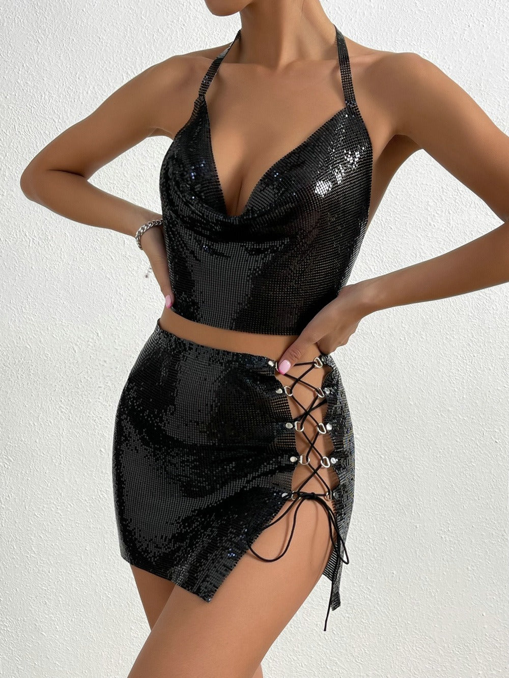 Metallic Sequined Suspender Skirt Set