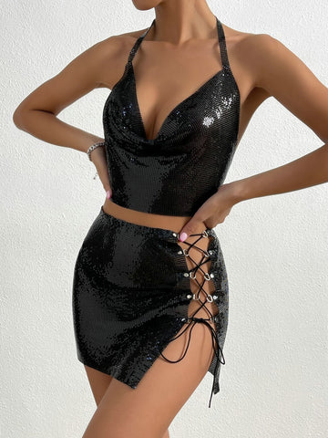 Metallic Sequined Suspender Skirt Set