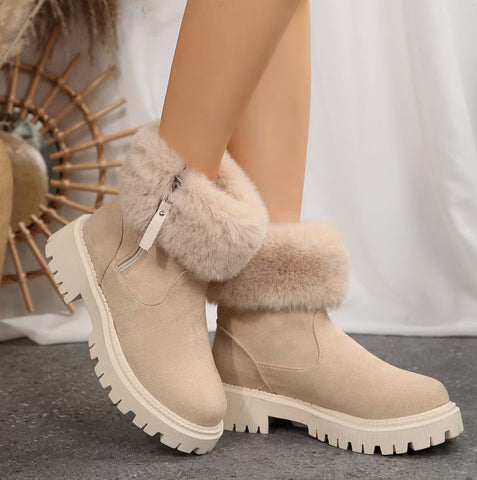 Bottes de neige à plateforme courte en fourrure et coton chaud avec fermeture éclair latérale et bout rond 