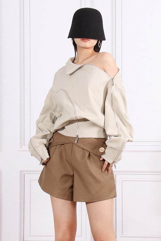 Edgy Off Shoulders Sweatshirt With Zippers  - Beige