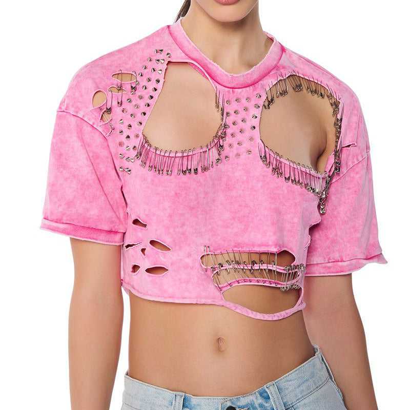 DISTRESSED STUDDED SHORT SLEEVE T SHIRT - Pink