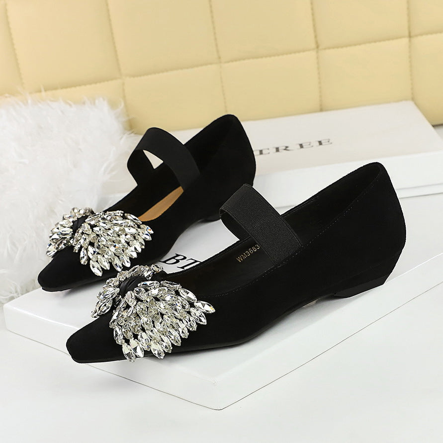 KoreanLight Luxury Elastic Band Slip on Low Heel Shoes Dazzling Rhinestone Bow Wedge Shoes