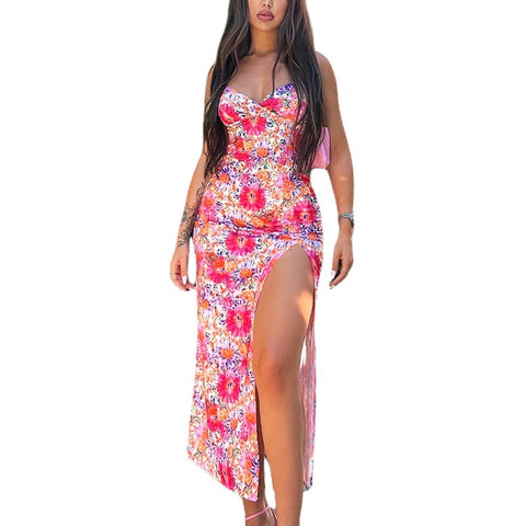 Printed V-Neck Halter Dress With Split Halter