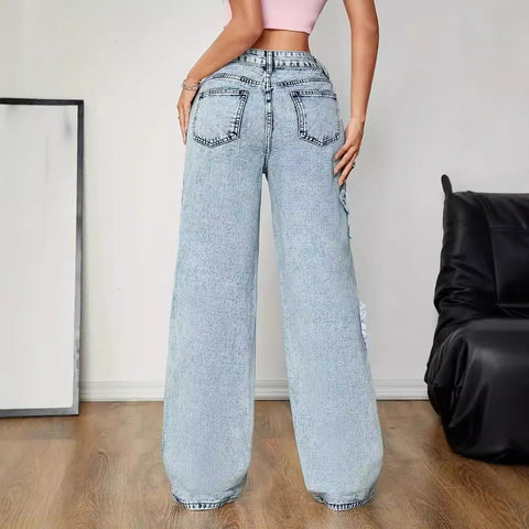 Retro Jeans Street Fünfzackigen Stern Stickerei Baggy Gerade Hose Hohe Taille