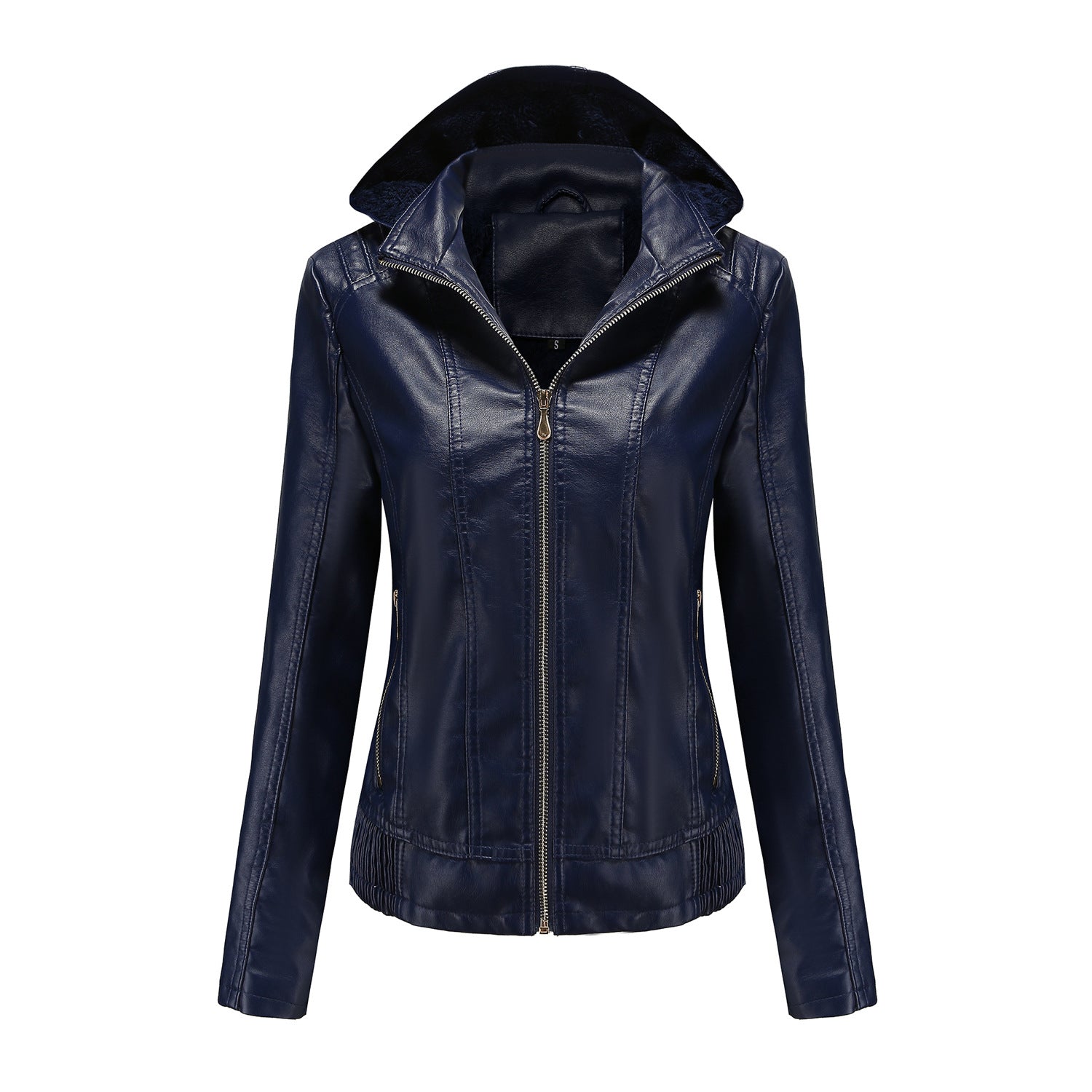 Manteau en cuir à capuche d'automne pour femme, chapeau amovible, manches longues, fermeture éclair, veste en cuir doublée en polaire, manteau slim