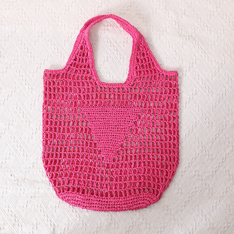 Large Capacity Hollow Out Cutout Straw Bag Fresh Candy Color One Shoulder Tote Portable Beach Bag