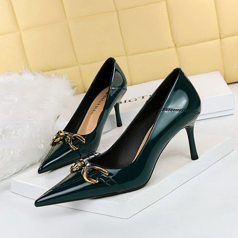 High Heels Shoes Stiletto Heel Shiny Patent Leather Shallow Mouth Pointed Office High Heel Metal Belt Buckle Pumps