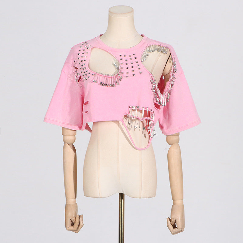 DISTRESSED STUDDED SHORT SLEEVE T SHIRT - Pink