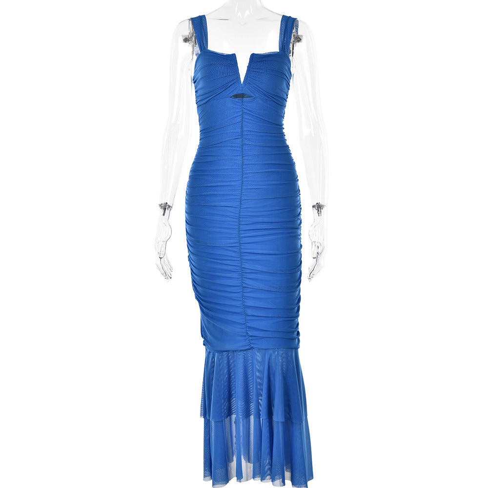 Spaghetti-strap pleated fishtail dress