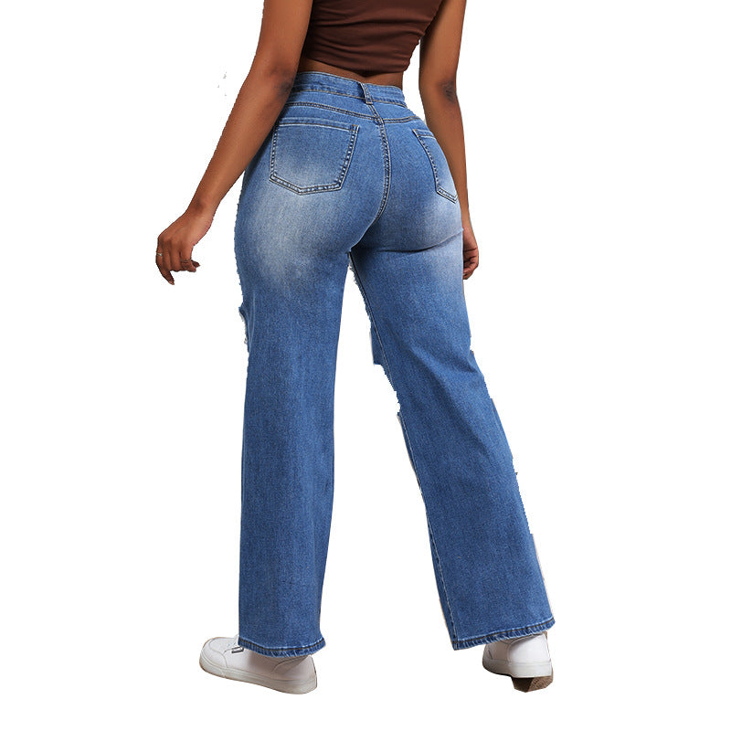 Jeans déchirés Arrivée Taille haute Pantalon droit ample élastique