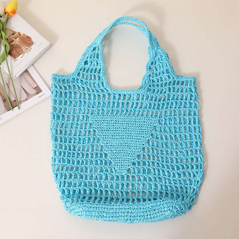 Large Capacity Hollow Out Cutout Straw Bag Fresh Candy Color One Shoulder Tote Portable Beach Bag