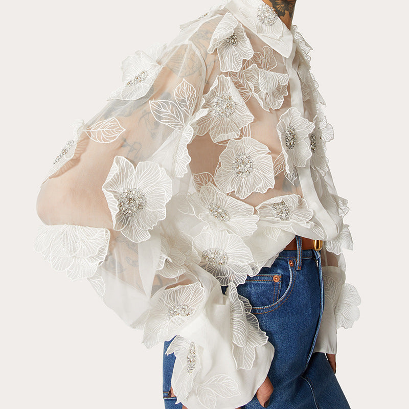 3D FLOWERS SEQUINED ORGANZA BLOUSE